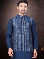 Blue Pure SIlk Readymade Kurta Pajama With Jacket